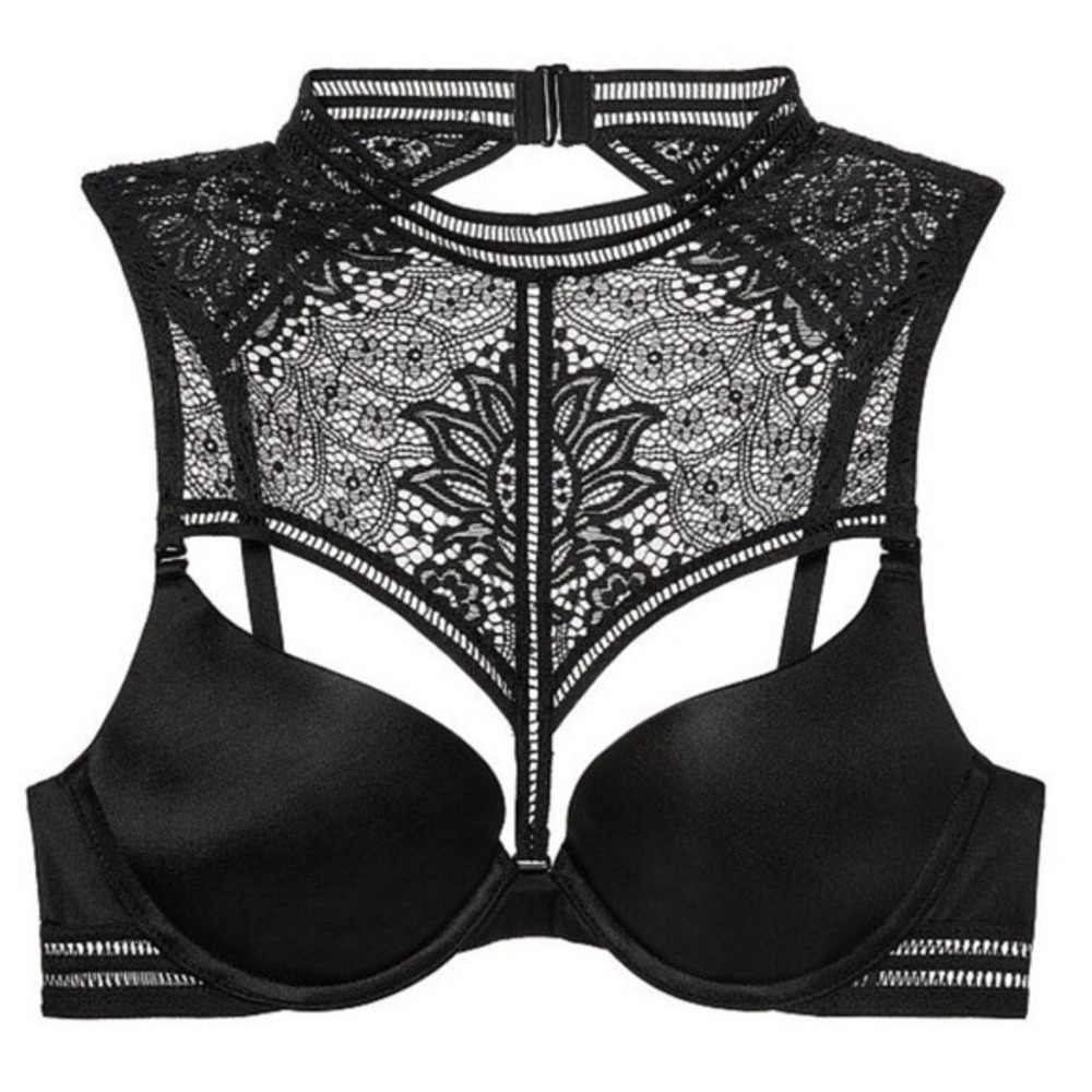 Victoria's Secret Black Push up Bra Very Sexy Crochet Lace Removbl High Neck 32D - Picture 2 of 5